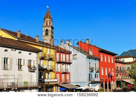 Church Tower And Facades Of Buildings In Ascona Ticino Switzerland