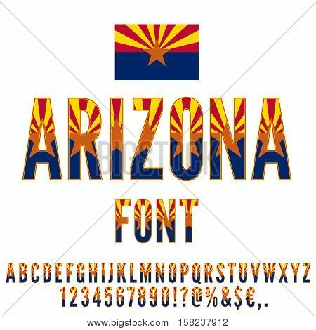 Arizona USA state flag font. Alphabet, numbers and symbols stylized by state flag. Vector typeset