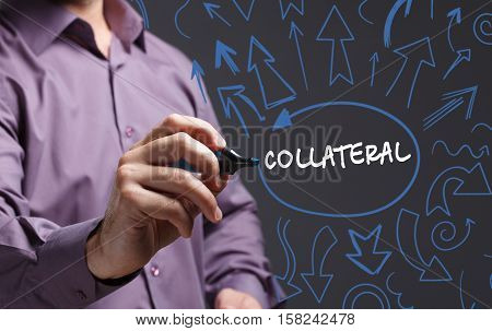 Technology, Internet, Business And Marketing. Young Business Man Writing Word: Collateral