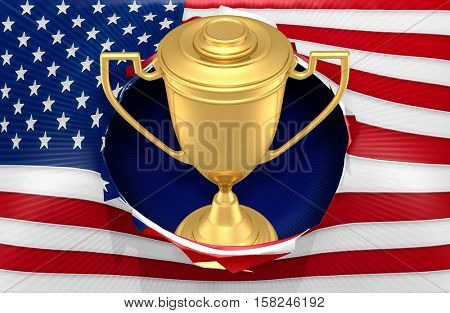 American Flag With Award Trophy Concept 3D Illustration