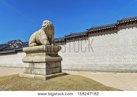Mythological Lion Haechi At Gyeongbokgung Palace Gate In Seoul
