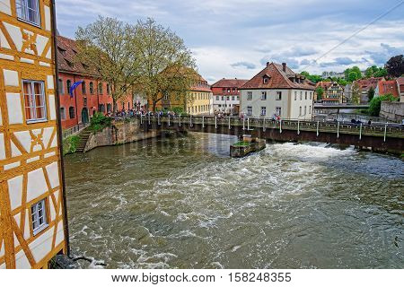 Old Houses And Regnitz River At Old City Center Bamberg