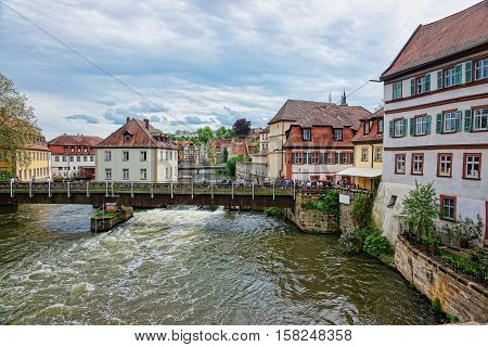 Old Houses And Regnitz River In City Center Bamberg
