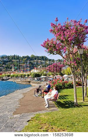 Senior People Sitting On Bench In Ascona Resort Ticino Switzerland