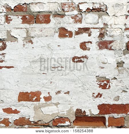 Abstract Red White Stonewall Urban Texture. Old Red Brick Wall With Shabby Damaged White Plaster. Painted Whitewashed Brickwall Grungy Background. Stonework Square Frame Grunge Empty Background And Texture