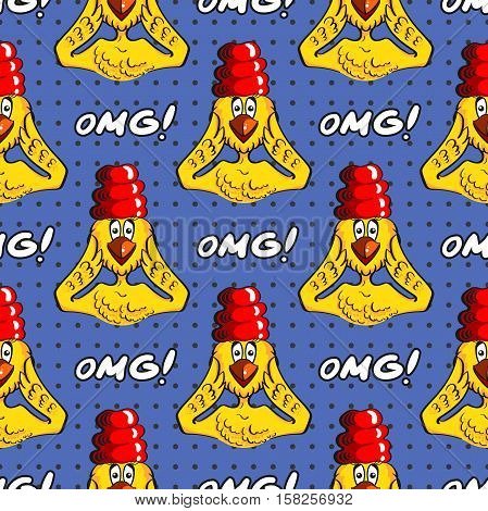 Seamless pattern. Pop art surprised woman chicken face with open beak. Vector illustration