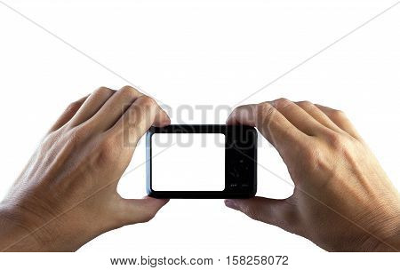 Photo camera in hand isolated on white background