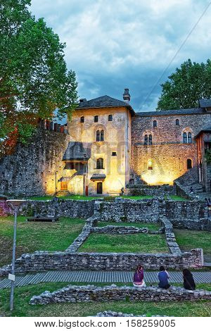 Visconteo Castle At City Center In Locarno Ticino Switzerland, In The Evening.