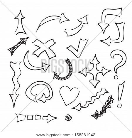 Isolated vector hand drawn arrows set on a white background