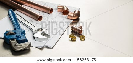 Plumbers Tools And Plumbing Materials Banner With Copy Space
