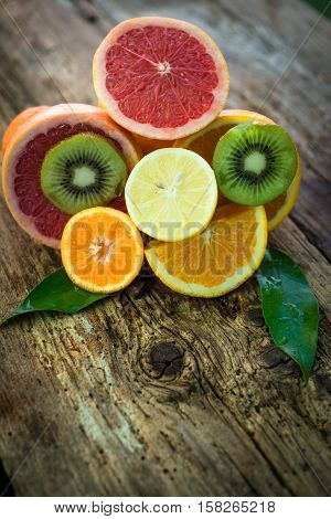 Fruits and vegetables on a old wooden floor