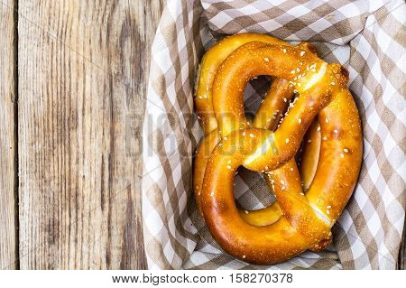 Breadbasket with traditional homemade Bavarian pretzels. Studio Photo