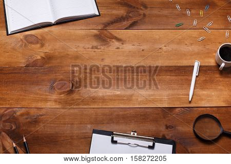 Post blog social media. View from above with copy space. Background for banner template layout mockup.Brown wooden office table, top view on workplace.