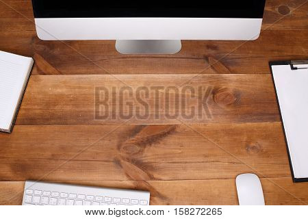 Post blog social media. View from above with copy space. Background for banner template layout mockup.Brown wooden office table, top view on workplace.