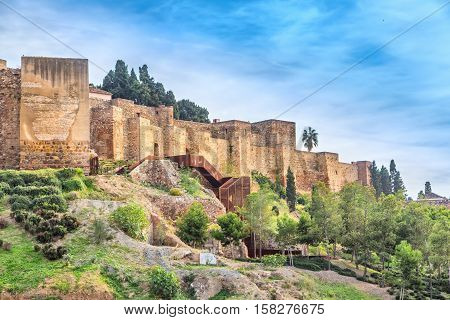 Walls of Alcazaba palatial fortress in Malaga built in 11th century Andalusia Spain