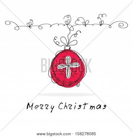 Vector christmas doodle background. Cute christmas ball in hand drawn childish sketch style. Invitation and greeting decorative card. Abstract simple winter holiday linear illustration