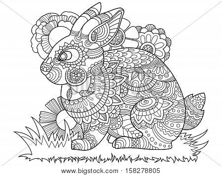 Rabbit bunny coloring book for adults vector illustration. Anti-stress coloring for adult. Tattoo stencil. Zentangle style. Black and white lines. Lace pattern
