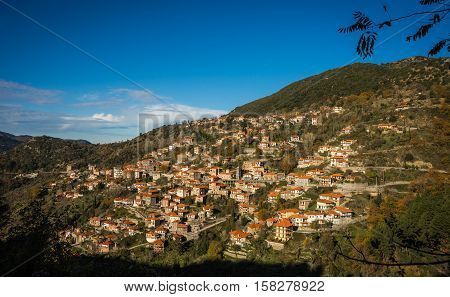 Scenic Mountain Autumn Landscape With  Village Langadia, Peloponnese, Greece