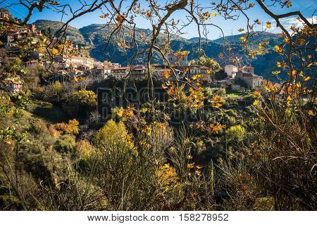 Scenic Mountain Autumn Landscape With  Village Langadia, Peloponnese, Greece