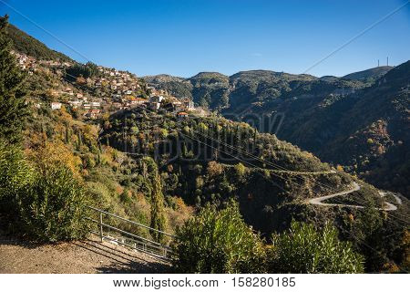 Scenic Mountain Autumn Landscape With  Village Langadia, Peloponnese, Greece