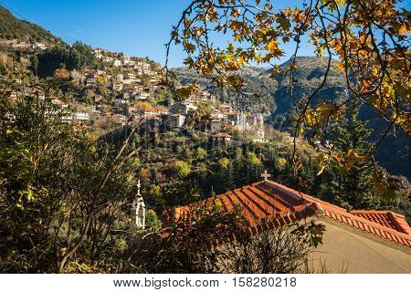 Scenic Mountain Autumn Landscape With  Village Langadia, Peloponnese, Greece