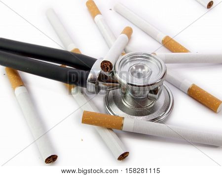 Cigarette isolated on a white background with stetoscope