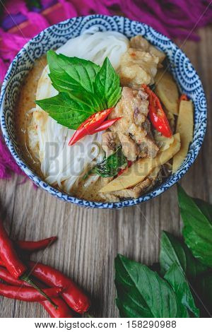 Thai Green Curry with Pork on Thai Fabric and Old Wooden Background Thai Food Thai Cuisine Thai Famouse Food