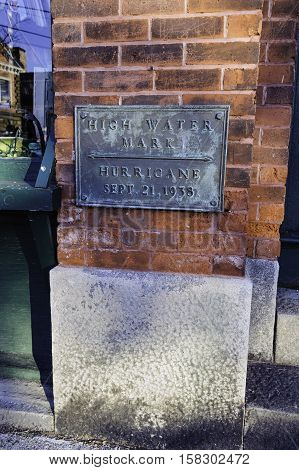 Wickford Rhode Island USA - November 12 2010: Sign memorializing high water mark for 1938 hurricane