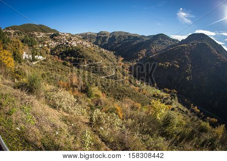 Scenic Mountain Autumn Landscape With  Village Langadia, Peloponnese, Greece