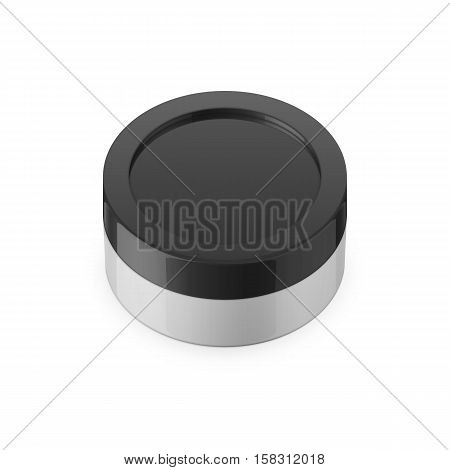 Round white glossy plastic jar with black lid for cosmetics - body cream or butter, scrub, bath salt, gel, skin care, powder. Realistic packaging mockup template. Upper view. Vector illustration.