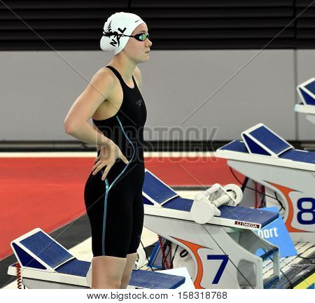Hong Kong, China - Oct 29, 2016. Competitive swimmer GICHARD Bobbi (NZL) at the start. FINA Swimming World Cup, Preliminary Heats, Victoria Park Swimming Pool.