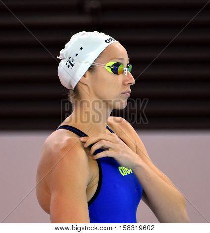 Hong Kong China - Oct 29 2016. Olympian swimmer Evelyn VERRASZTO (HUN) at the start. FINA Swimming World Cup Preliminary Heats Victoria Park Swimming Pool.