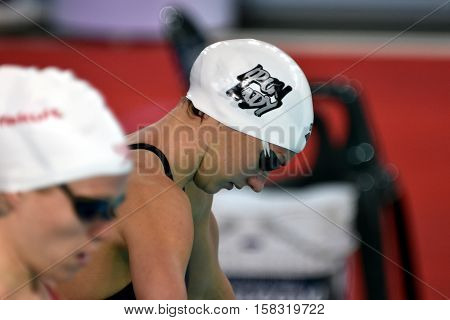 Hong Kong China - Oct 29 2016. Olympic world and European champion swimmer Katinka HOSSZU (HUN) at the start. FINA Swimming World Cup Preliminary Heats Victoria Park Swimming Pool.