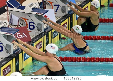 Hong Kong China - Oct 29 2016. Olympian swimmer Evelyn VERRASZTO (HUN) and Lucie NORDMANN (USA) at the start. FINA Swimming World Cup Preliminary Heats Victoria Park Swimming Pool.