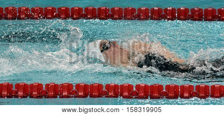Hong Kong China - Oct 29 2016. Olympic world and European champion swimmer Katinka HOSSZU (HUN) swimming backstroke. FINA Swimming World Cup Preliminary Heats Victoria Park Swimming Pool.