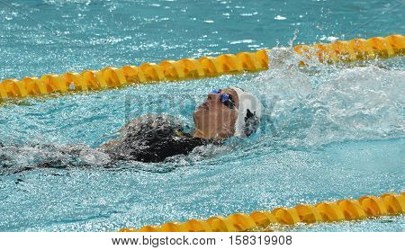 Hong Kong China - Oct 29 2016. Olympic world and European champion swimmer Katinka HOSSZU (HUN) swimming backstroke. FINA Swimming World Cup Preliminary Heats Victoria Park Swimming Pool.