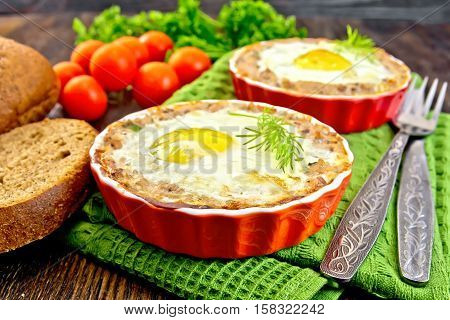 Tartlet Meat With Egg In Pan On Board