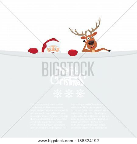 Cute cartoon Santa Claus and reindeer looking from behind blank billboard. Merry Christmas calligraphy and snowflakes on board.