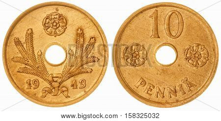 10 Pennia 1943 Coin Isolated On White Background, Finland