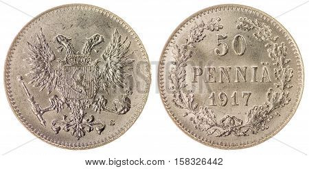50 Pennia 1917 Coin Isolated On White Background, Finland
