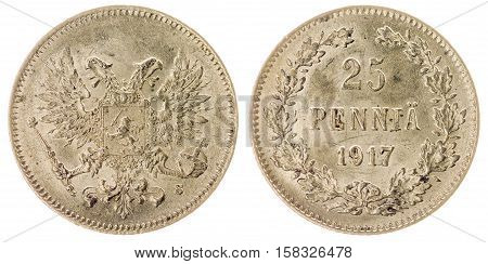 25 Pennia 1917 Coin Isolated On White Background, Finland