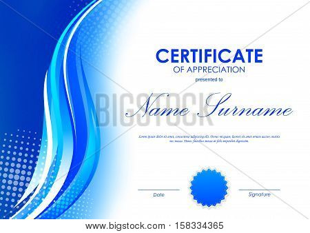 Certificate of appreciation template with blue digital curved bright wavy background and seal. Vector illustration
