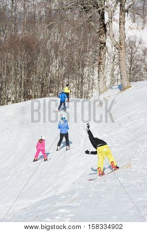 TERMINILLO ITALY - JANUARY 02 2015: Skiers on the of Ski resort Terminillo mountains Apennines central Italy. This is the most important ski resort of the Lazio.