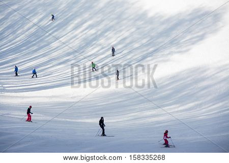 TERMINILLO ITALY - JANUARY 02 2015: Skiers on the of Ski resort Terminillo mountains Apennines central Italy. This is the most important ski resort of the Lazio.