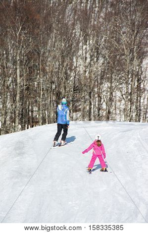 TERMINILLO ITALY - JANUARY 02 2015: Skiers on the of Ski resort Terminillo mountains Apennines central Italy. This is the most important ski resort of the Lazio.