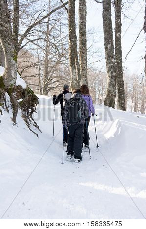 TERMINILLO ITALY - JANUARY 02 2015: Skiers on the of Ski resort Terminillo mountains Apennines central Italy. This is the most important ski resort of the Lazio.