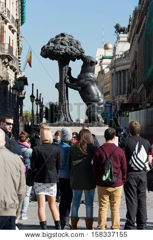 MADRID SPAIN - october 31 2013: Bear and the Madrono Tree Statue on the square Puerta del Sol in Madrid. It is the heraldic symbol of Madrid