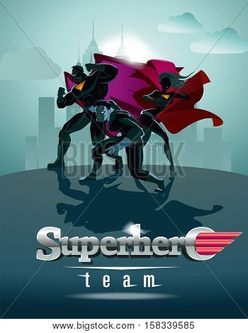 Poster. Superhero Team; Team of superheroes posing in front of a light.