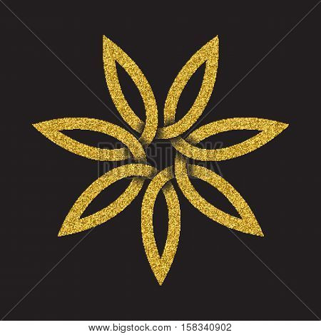 Golden glittering logo symbol in Celtic style on black background. Tribal symbol in seven petals flower form. Gold stamp for jewelry design.