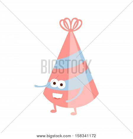 Stripy Party Hat Children Birthday Party Attribute Cartoon Happy Humanized Character In Girly Colors. Kids Celebration Related Object With Smiling Face Flat Vector Illustration.